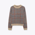 Classic crewneck houndstooth knit sweater in beige, navy, and burgundy plaid patterns - S / Beige Mix