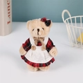 Linen teddy bear plush keychain in beige with red and black plaid dress and white apron - Red Bowknot Female Bear / 11cm