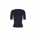 Slim fit navy blue short sleeve knit top with round neck and fine texture for women - XS / Navy Blue