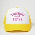 Yellow and white trucker hat featuring pink TANNED and TIPSY text for outdoor sun protection - One Size / Yellow