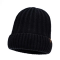 Mens black cuffed knit beanie with warm ribbed texture and brown leather label accent - Black