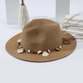 Cappello di paglia Panama marrone con decorazioni in perline di conchiglia bohémien - M (56-58cm) / Marrone