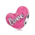 S925 Sterling Silber Herzanhänger mit rosa Emaille Love-Schriftzug und Marmortextur - Rosa Herz Love