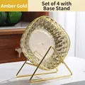 Assiettes en verre doré ambré avec texture diamant et support de rangement en métal - Or Ambré (4 PC + Support)