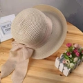 Elegant beige straw sun hat with decorative chiffon bow detail for women - One Size(Adjustable) / Folded Brim Beige