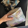 Light blue floral embroidered canvas cosmetic bag with zipper and large capacity - Plum Blossom Shiny Blue Purple