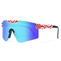 Polarized sports cycling sunglasses with blue coated lenses and red-white wave frame - Red White Wave Blue Lens (C21)
