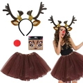 Christmas reindeer costume set with antlers headband, red nose, and brown tutu skirt for women - Bristle Large Antlers 4Pcs Set