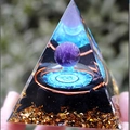 Orgone energy pyramid with obsidian, gold foil and amethyst sphere held in hand - YB10 Mandala Blue Eye [6cm]