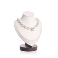 Elegant walnut wood stand displaying white pearl necklace with sparkling floral pendant - Walnut Bust White Small
