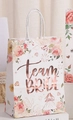 Weiße Hochzeitstasche mit rosa Rosen und roségoldenem Team BRIDE Schriftzug und Griffen - 21x15x8cm / Design Nr. 3