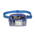 Blue transparent waist bag detail showing spacious interior with nylon mesh and items inside - Transparent Blue