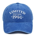 Detail of white 1994 Limited Edition embroidery on a navy washed cotton baseball cap - Adjustable / Sapphire Blue