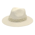 Detailed close-up of woven straw fedora hat featuring elegant white pearl bead trim - M (56-58cm) / Pure White