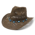 Hollow-out brown straw cowboy hat with blue bead band and roll-up brim for summer sun protection - M (56-59cm) / Brown