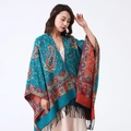 Blue-green paisley pashmina shawl with black tassels and ethnic patterns for women - Teal/Leaf Paisley