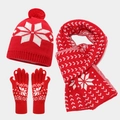Set invernale in maglia rossa con motivo a fiocchi di neve: cappello, sciarpa e guanti - Rosso