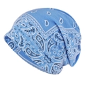 Close-up of light blue paisley pattern on soft breathable cotton beanie scarf - Lake Blue