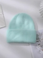 Mint green ribbed knit beanie hat made of soft rabbit hair yarn for winter warmth - M (56-58cm) / Light Green