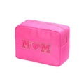 Pink chenille MOM patch nylon makeup organizer bag with gold zipper closure - L / Pink