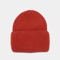 Ribbed angora wool beanie in rust red with a thick folded cuff and soft fuzzy texture - Red