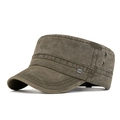 Army green washed cotton military flat top cap with a metal NEW badge and side vents - Adjustable / Army Green