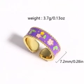 Bague ouverte fleur émail violette avec bordure dorée et mesures de taille détaillées - Style Fleur Violette / Violet
