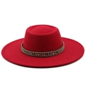 Detailed macro view of red flat top wool fedora hat with colorful braided ethnic band - M (56-58cm) / Red