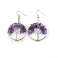 Close-up of handmade silver wire tree of life earrings with purple amethyst stones - 3cm / Silver + Amethyst