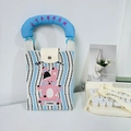 Knitted crossbody bag featuring blue wave pattern, pink bunny, and blue tube handle - Striped Pink Rabbit (Handle + Strap)