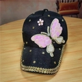 Cappellino da baseball nero con farfalla di paillettes rosa e decorazioni - Regolabile / Stile Tessuto Farfalla Nero