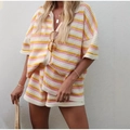 Women's pink and yellow striped knit short set with short-sleeved cardigan and shorts - S / Pink Yellow White Striped