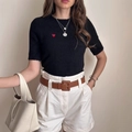 Slim fit black short sleeve knit sweater with red heart embroidery and white shorts - S / Black