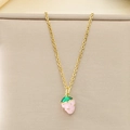 Close-up of a sweet pink enamel strawberry pendant on a fine gold stainless steel chain - Pink Strawberry (KN292115-Z)