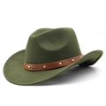 Close-up of military green wool cowboy hat with brown leather band and gold studs - Army Green