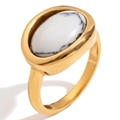 Minimalist 18K gold plated stainless steel ring with oval white marble stone inlay - US 6 / Minimalist Gemstone Ring (Marble Texture) / Gold White