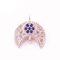 Rose gold moon pendant with white and blue cubic zirconia stones on white background - Rose Gold Crescent with Blue Zirconia (L0483-D-A)