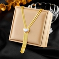 Gold layered snake chain necklace featuring a heart pearl pendant and tassel drops - Gold (N2414)