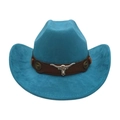 Turquoise ethnic style cowboy hat with decorative brown leather band and bull head - Malachite green
