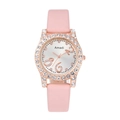 Close-up of pink leather watch strap with sparkling rhinestone bezel and silver dial - Pink