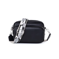 Minimalist black leather crossbody camera bag with adjustable geometric wide strap - Black