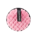 Plush round facial cleansing sponge in vibrant pink with black finger strap and trim - 10cm / Pink