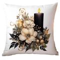 Christmas throw pillow cover with elegant black candle and floral gold patterns - Artistic Candle and Flowers