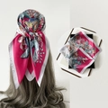 Floral satin silk scarf in pink and white prints for women hair tie or head wrap - L7349-Rose Red