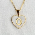 Golden heart necklace with white mother of pearl inlay featuring a 3D letter O pendant - Letter O / Gold