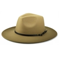 Detail of camel wool fedora hat featuring a black leather band and golden metal buckle - M (56-58cm) / Camel