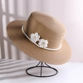 Light brown straw boater hat featuring elegant white pearl chain and floral accents - Double Flower Pearl Flat Top Straw Hat Khaki