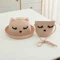 Dettaglio di cappello di paglia per bambini e borsa con ricamo di gatto e orecchie - 54cm / Cappello Rosa + Borsa