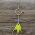 Handmade evil eye dream catcher car pendant with bright yellow feathers and wood background - 9528O Hemp Rope Yellow No Keychain