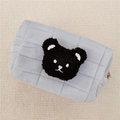 Quilted gray plush pouch with a black teddy bear patch and secure silver zipper - Blue (Black Bear)
